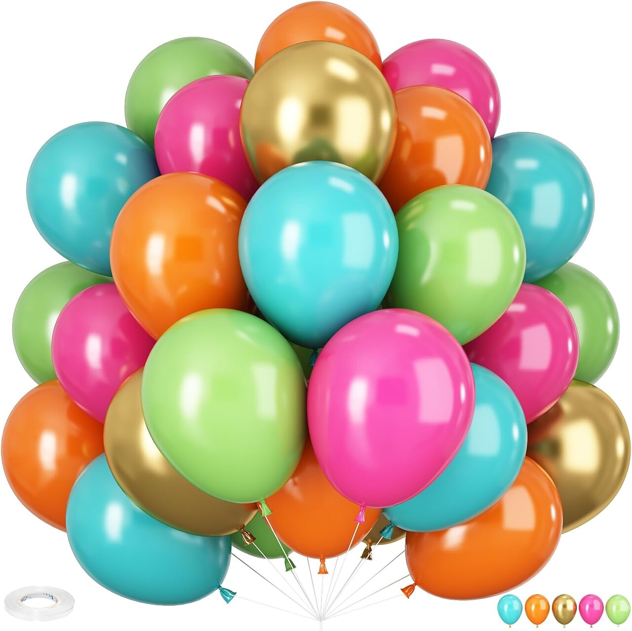 Tropical Balloons Kit, 60 PCS 12Inch Hawaiian Balloons Hot Pink Orange Teal Green Metallic Gold Colorful Balloon for Baby Shower Summer Birthday Tropical Aloha Luau Pool Party Decorations